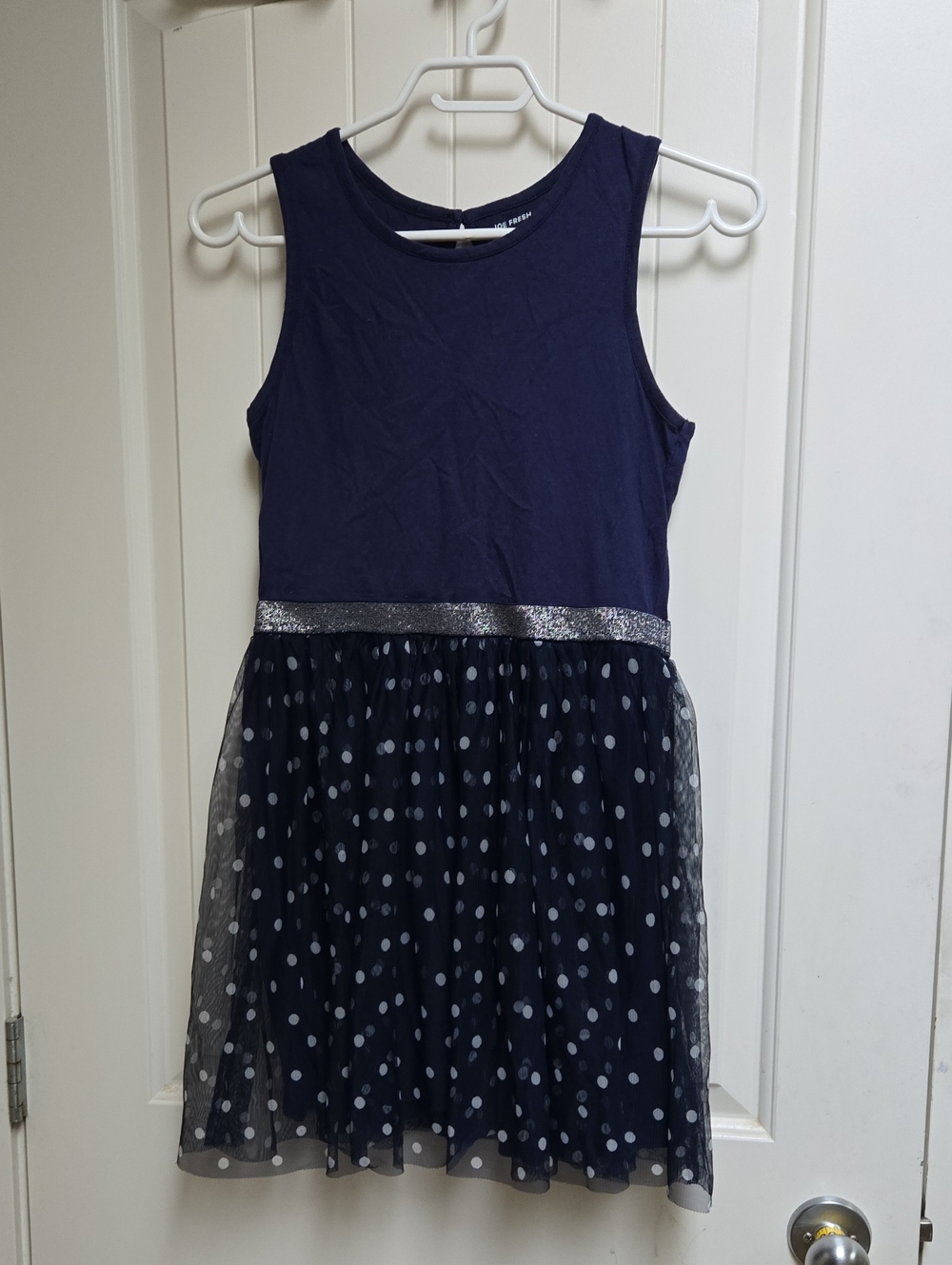 Joe Fresh Navy Polka Dot Tulle Party Dress for Girls with Silver Waistband Large